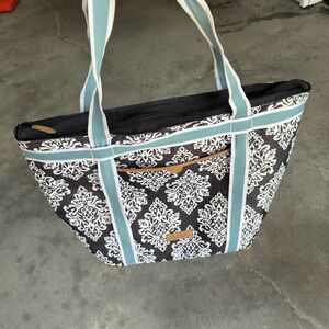 Chic Black and White Tote with Blue Accents